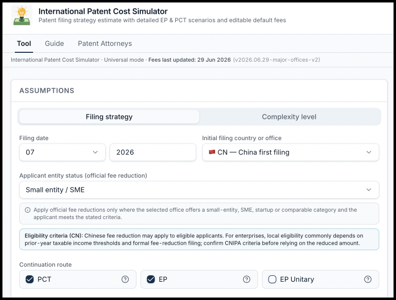 Continuation route: PCT, EP, EP Unitary checkboxes