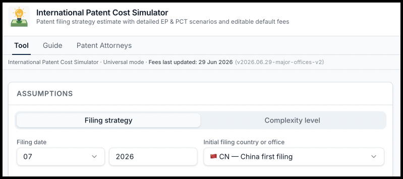 Filing date and initial filing country selector