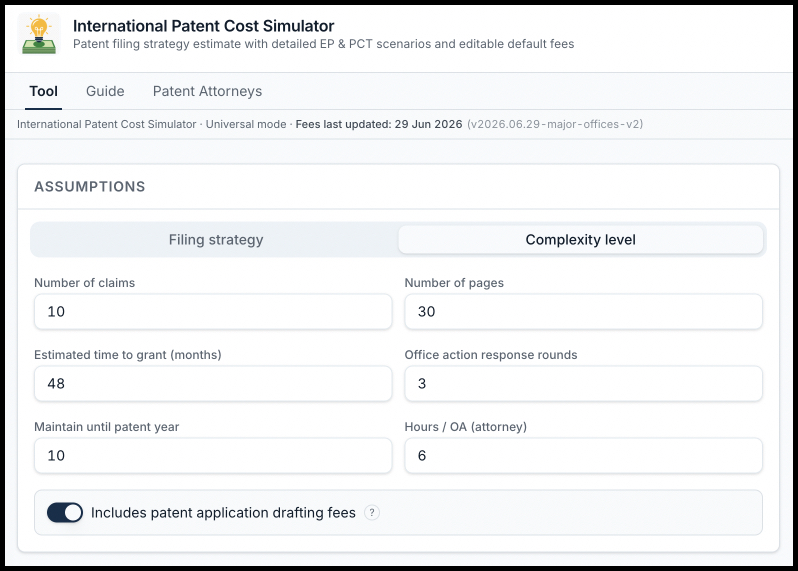 Complexity level tab: claims, pages, drafting fees